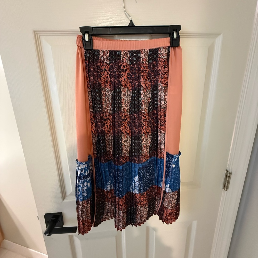 Anthropologie Coral and Blue Patchwork Pleated Midi Skirt